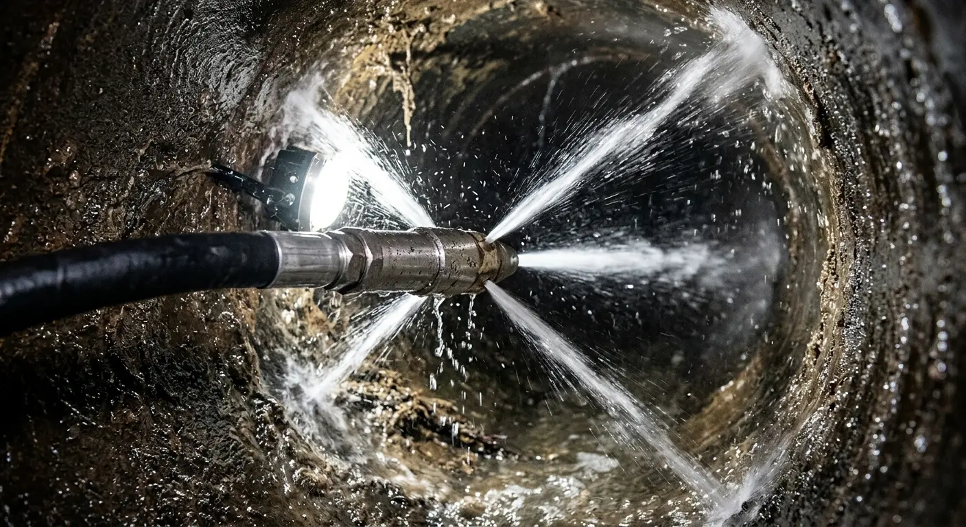 High-pressure hydro jetting nozzle cleaning sewer pipe for Sewer Cleanout in Meridian