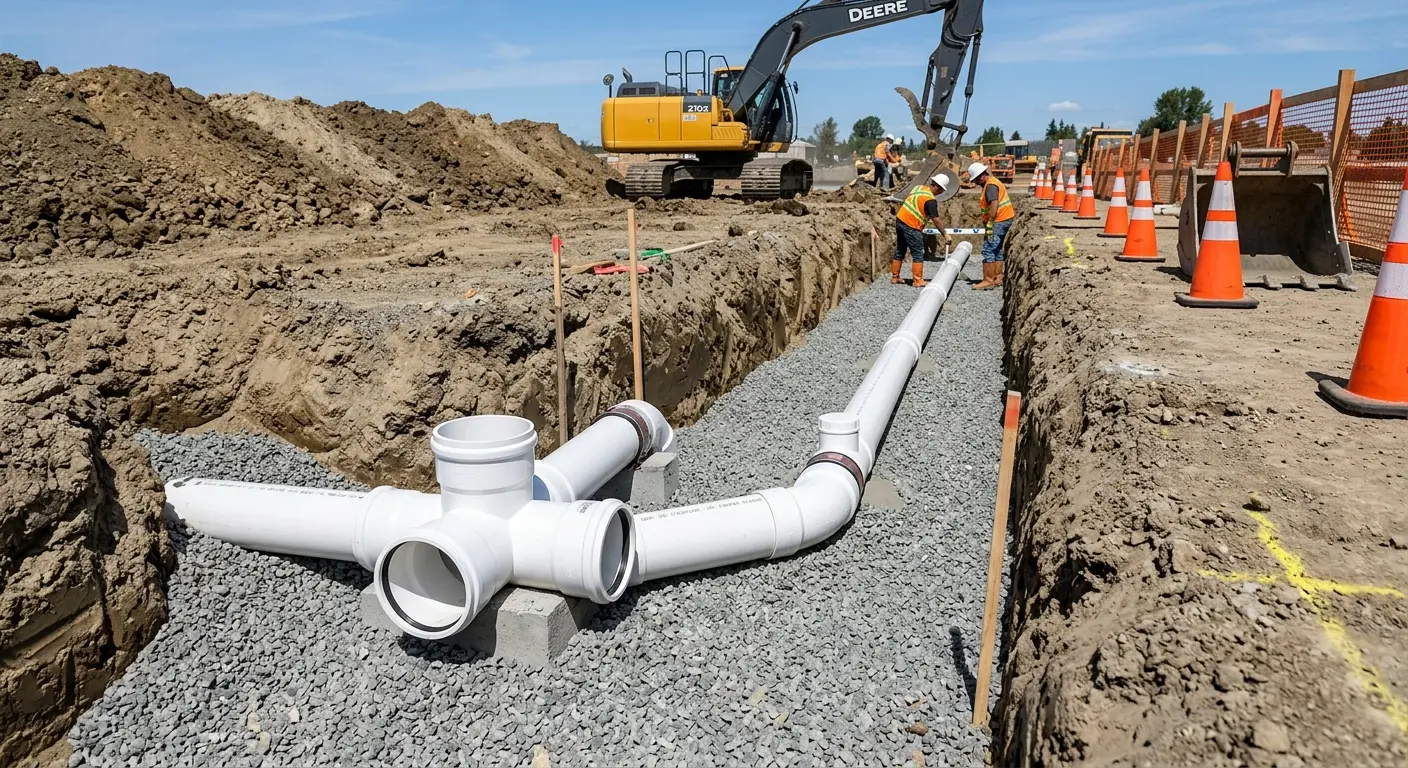 New PVC sewer pipe installation in open trench for Sewer Camera Inspection in Meridian